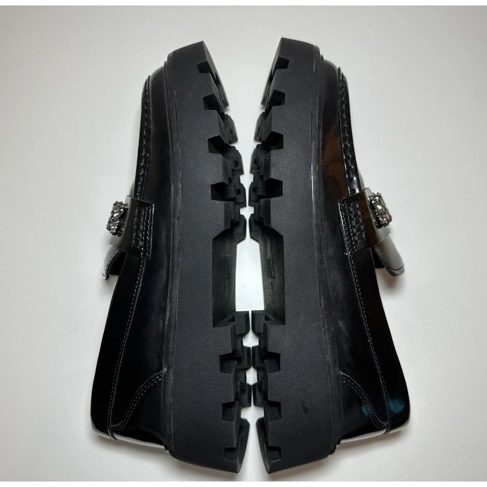 ZARA Women Chunky Black Faux Patent Leather‎ Rhinestone Loafers US 7.5 EU 38 NEW